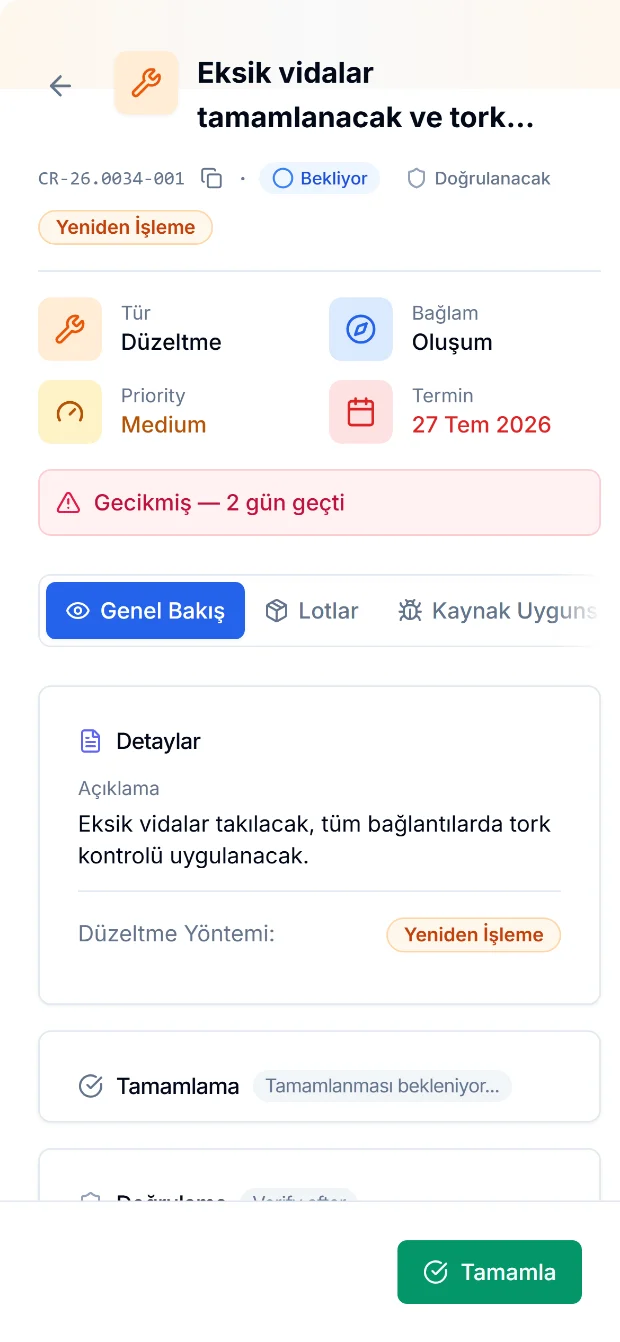 Telefonda uygunsuzluk aksiyonu: aksiyon kodu, çift statü, tip, bağlam, termin, gecikme uyarısı, lot sekmesi ve tamamlama düğmesi