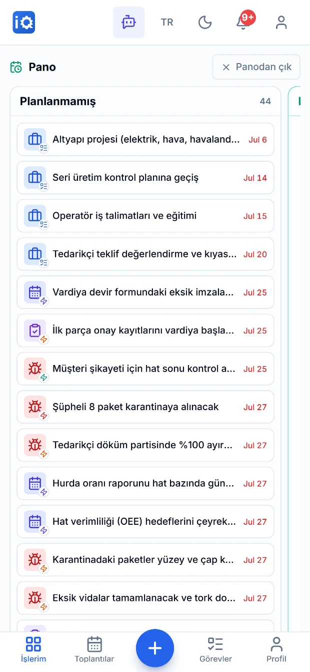 Telefonda Planım panosu: Bugün, Yarın, Bu Hafta sütunları