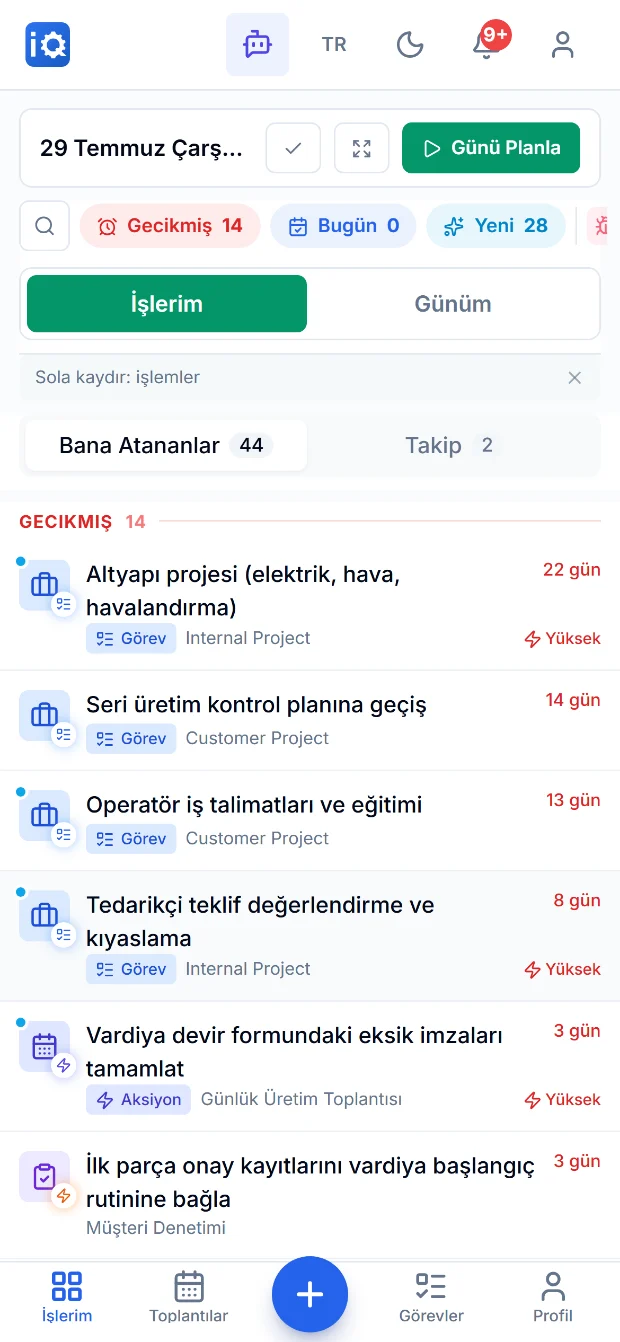 Telefonda İşlerim: gecikmiş, bugün ve yeni sayaçları, modül etiketli iş kartları